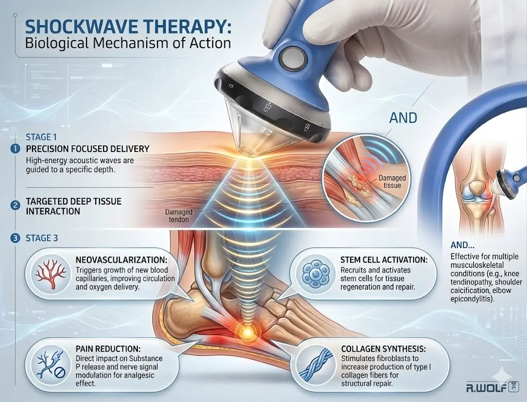 Shockwave therapy mechanism for pain relief and tissue healing